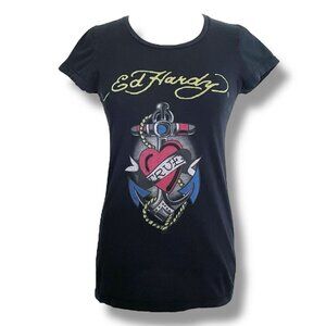 Y2k Vintage Ed Hardy Womens T-shirt Sz Small Black Longline Tee Heart Anchor